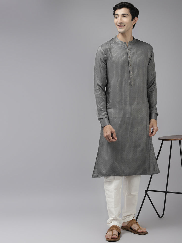 Men Grey & Beige Woven Design Thread Work Kurta With Pyjama