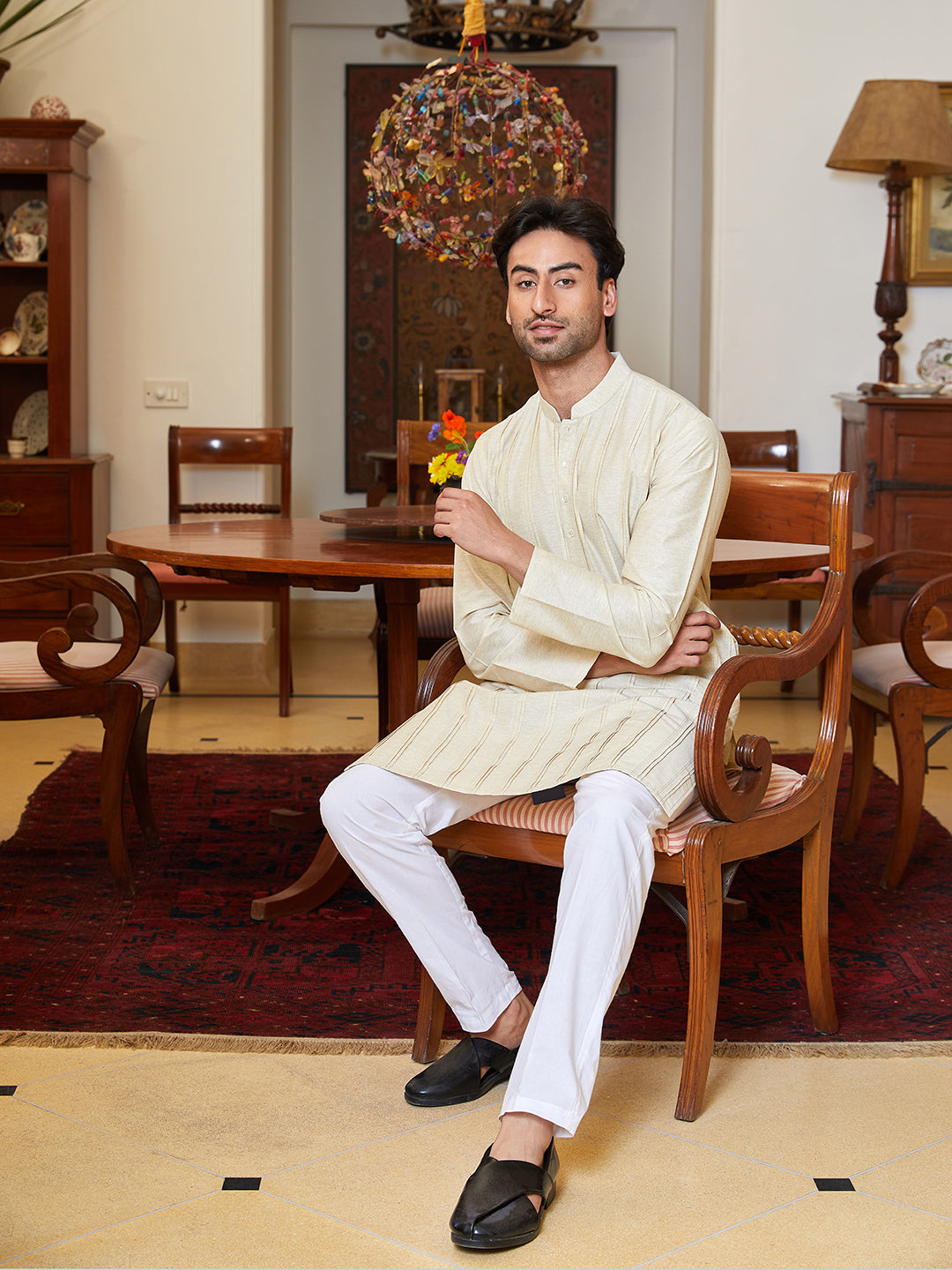 Pintuck Cotton Silk Straight Kurta with Pyjama