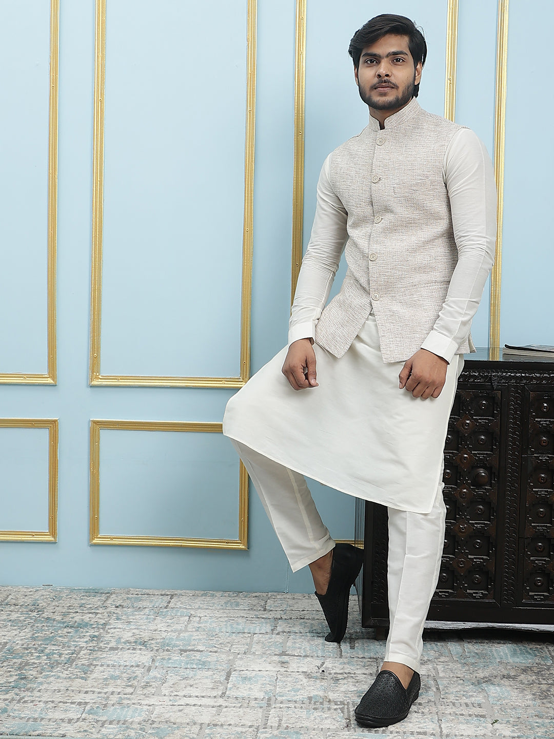 Pure Silk Straight Kurta & Pyjama Set with Handwoven Nehru Jacket