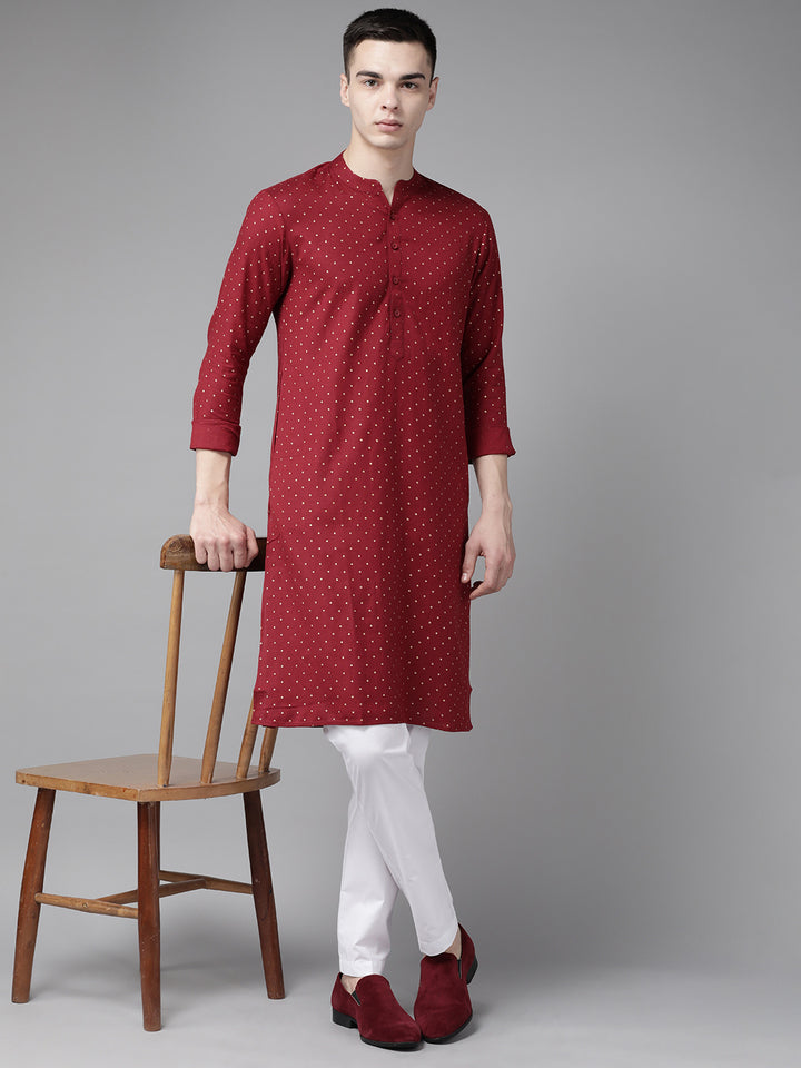 Men Maroon & Gold Printed Straight Kurta With Pyjama
