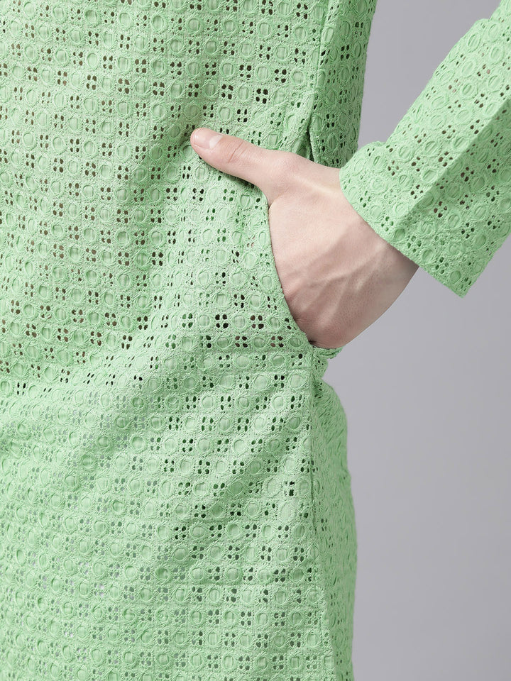 Men Green Pure Cotton Chikankari Embroidered Straight Kurta