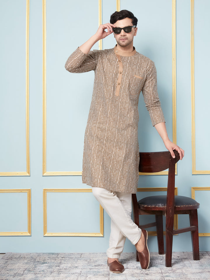 Brown Striped Printed Kurta With Pyjama