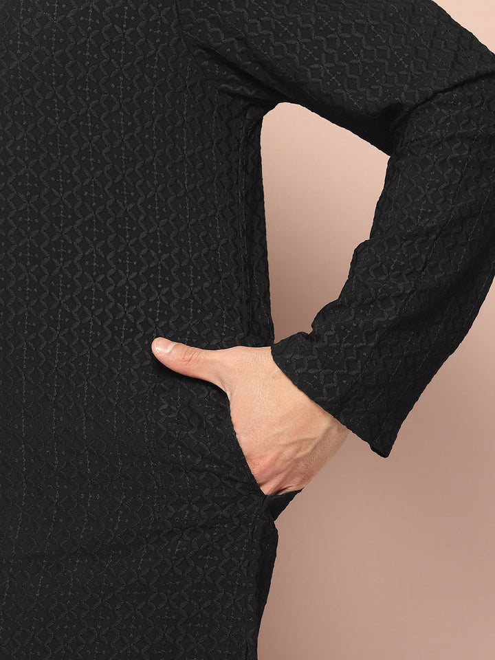 Men's Black Embroidered Threadwork & Sequined Chanderi Silk Straight Kurta