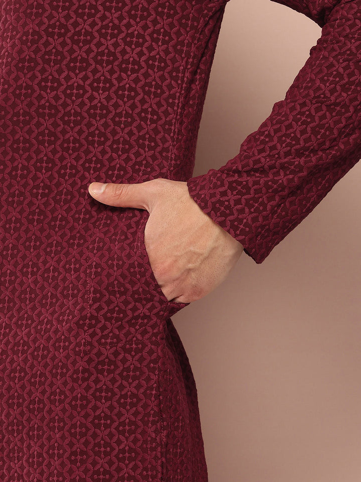 Men's Maroon Embroidered Chikankari Rayon Straight Kurta