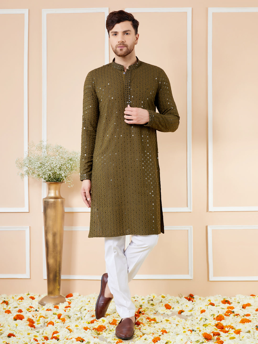 Olive Sequins Embroidered Rayon Kurta with Pyjama