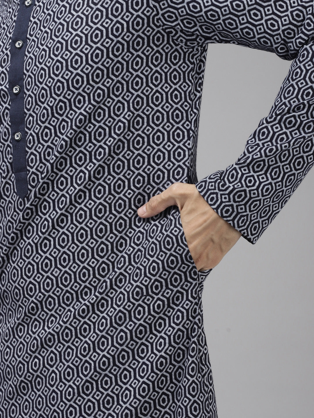 Men Blue Printed Thread Work Indigo Kurta