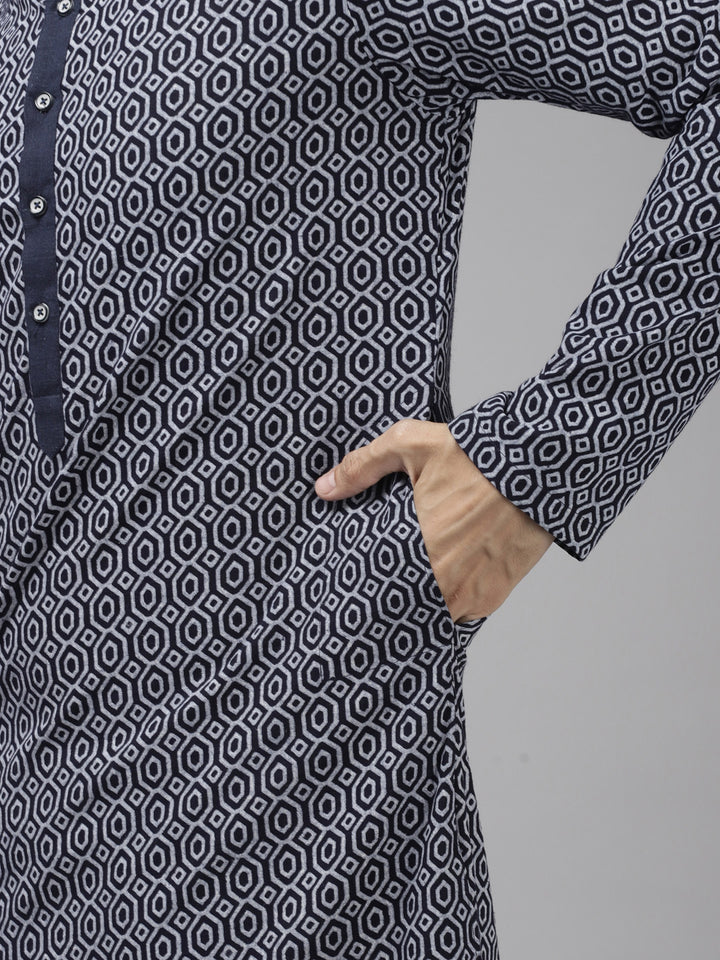 Men Blue Printed Thread Work Indigo Kurta