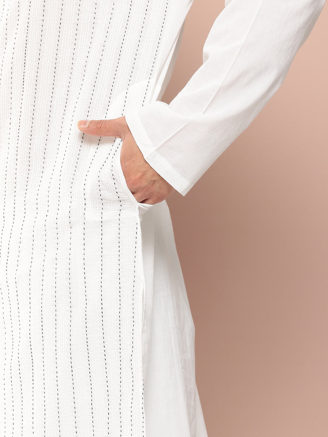 Men's White Cotton Pintex Design Threadwork Kurta