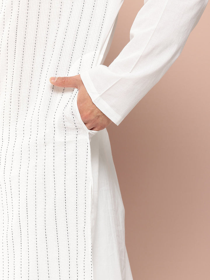 Men's White Cotton Pintex Design Threadwork Kurta