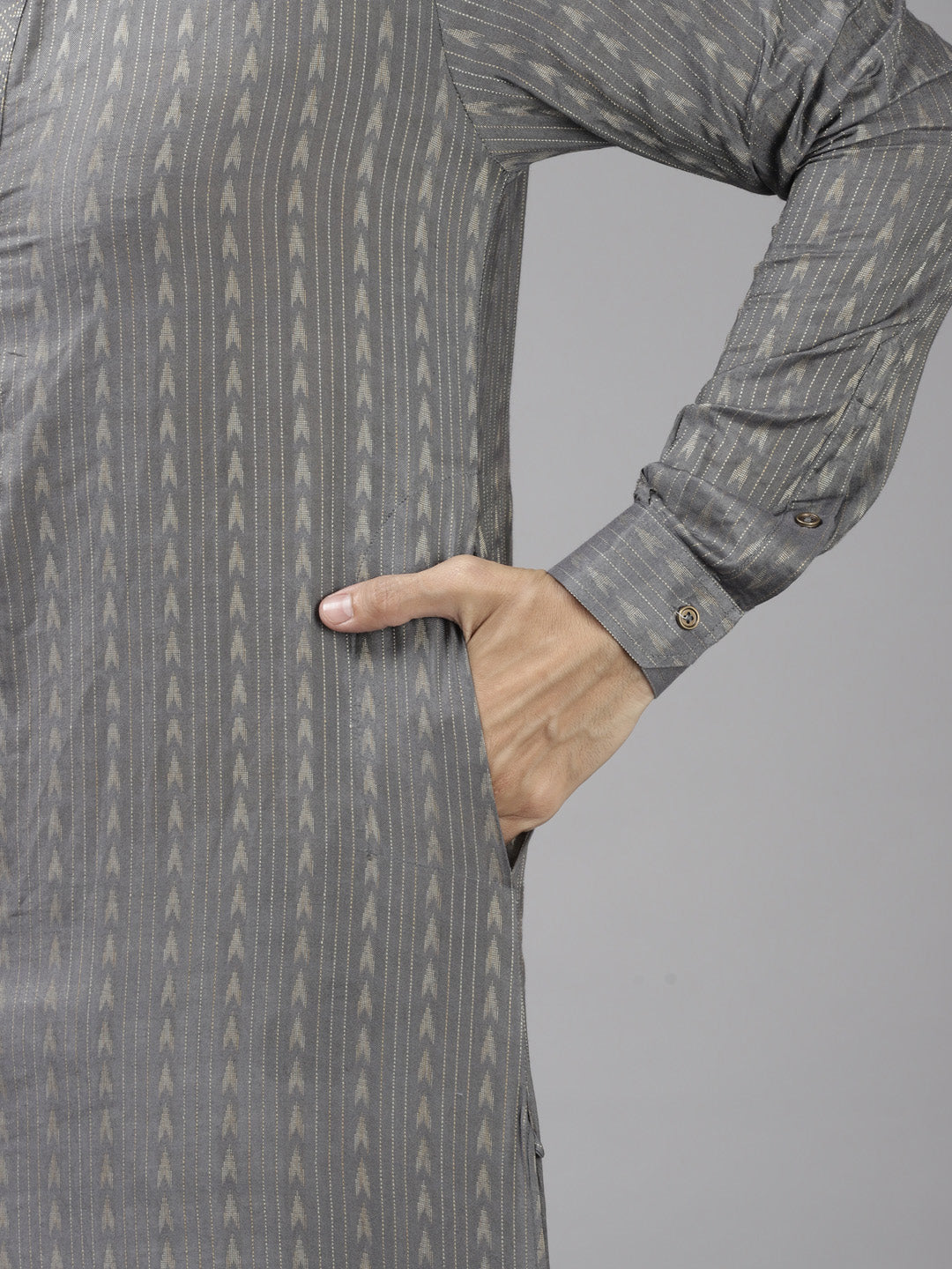 Men Grey & Beige Woven Design Thread Work Kurta
