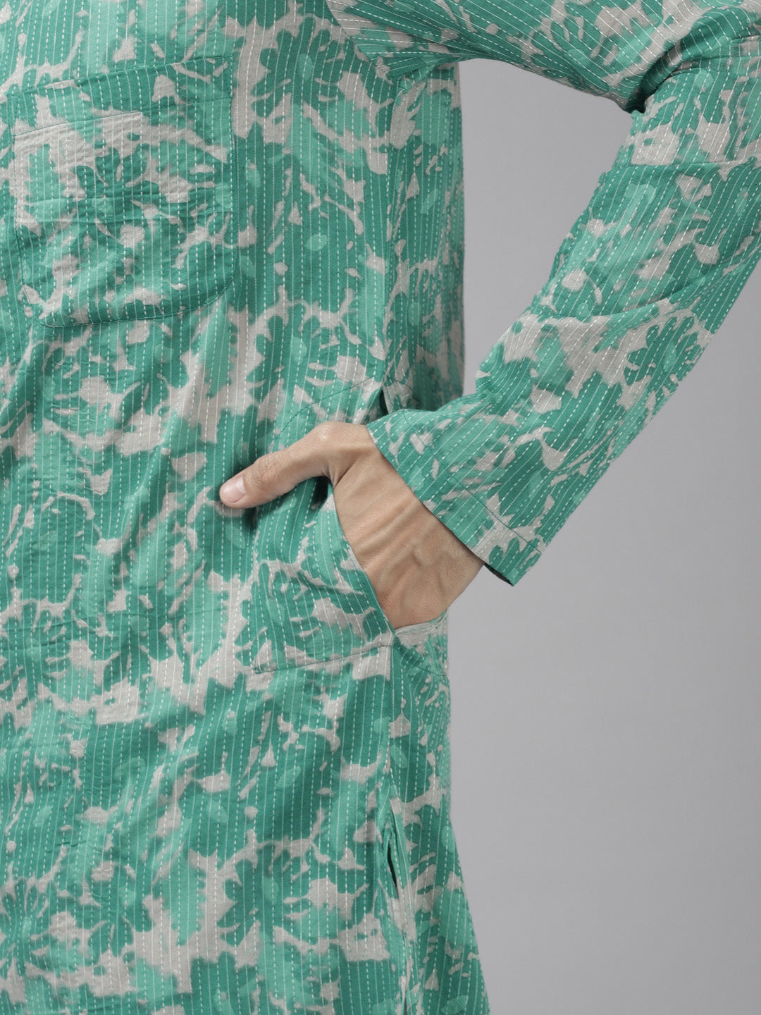 Men Green And Beige Printed Pure Cotton Straight Kurta