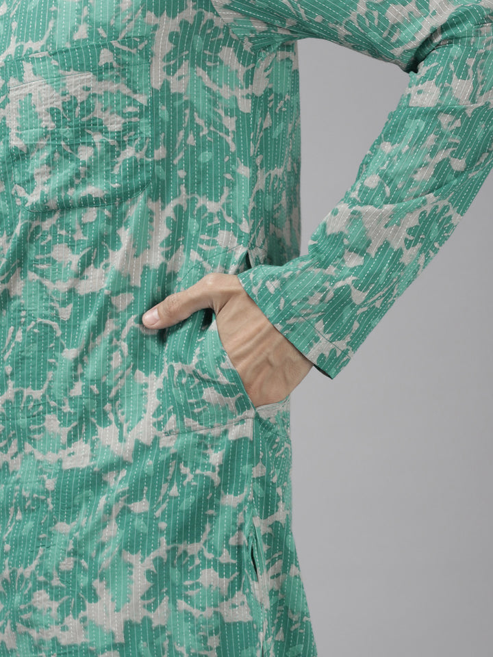 Men Green And Beige Printed Pure Cotton Straight Kurta