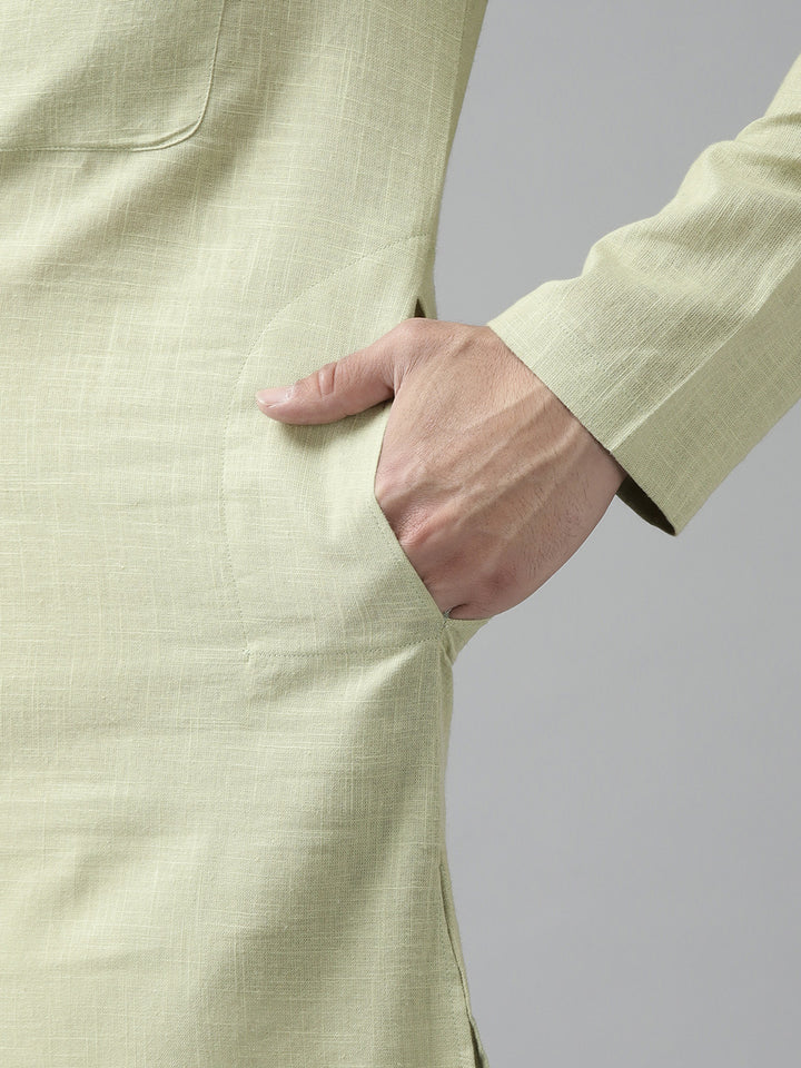 Men Green Cotton  Straight Kurta with Slub Effect