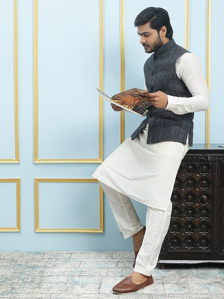 Pure Silk Straight Kurta & Pyjama Set with Handwoven Nehru Jacket