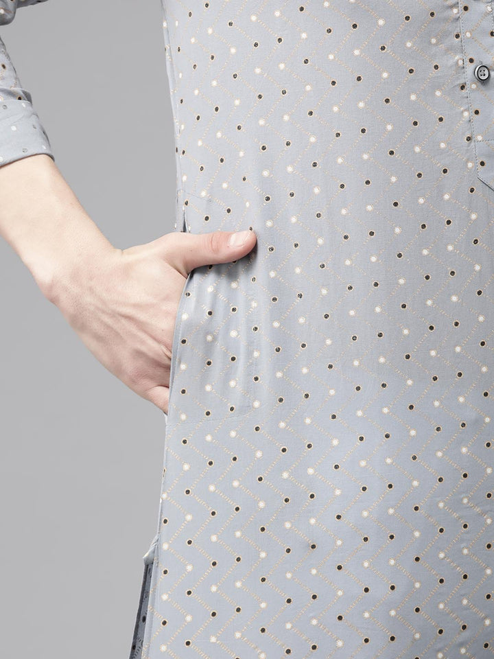 Men Grey & Gold Printed Straight Kurta