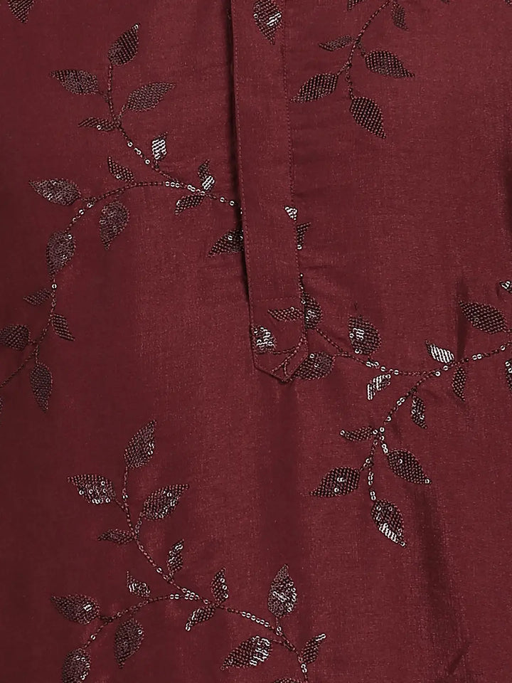 Men Maroon Sequins Leaf Straight Kurta with Pyjama – White
