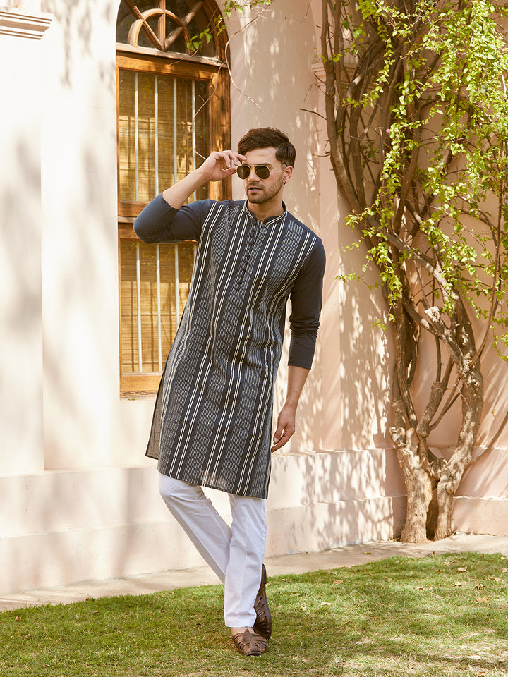 Gota Strips and Sequins Embroidered Pure Cotton Straight Kurta with Pyjama