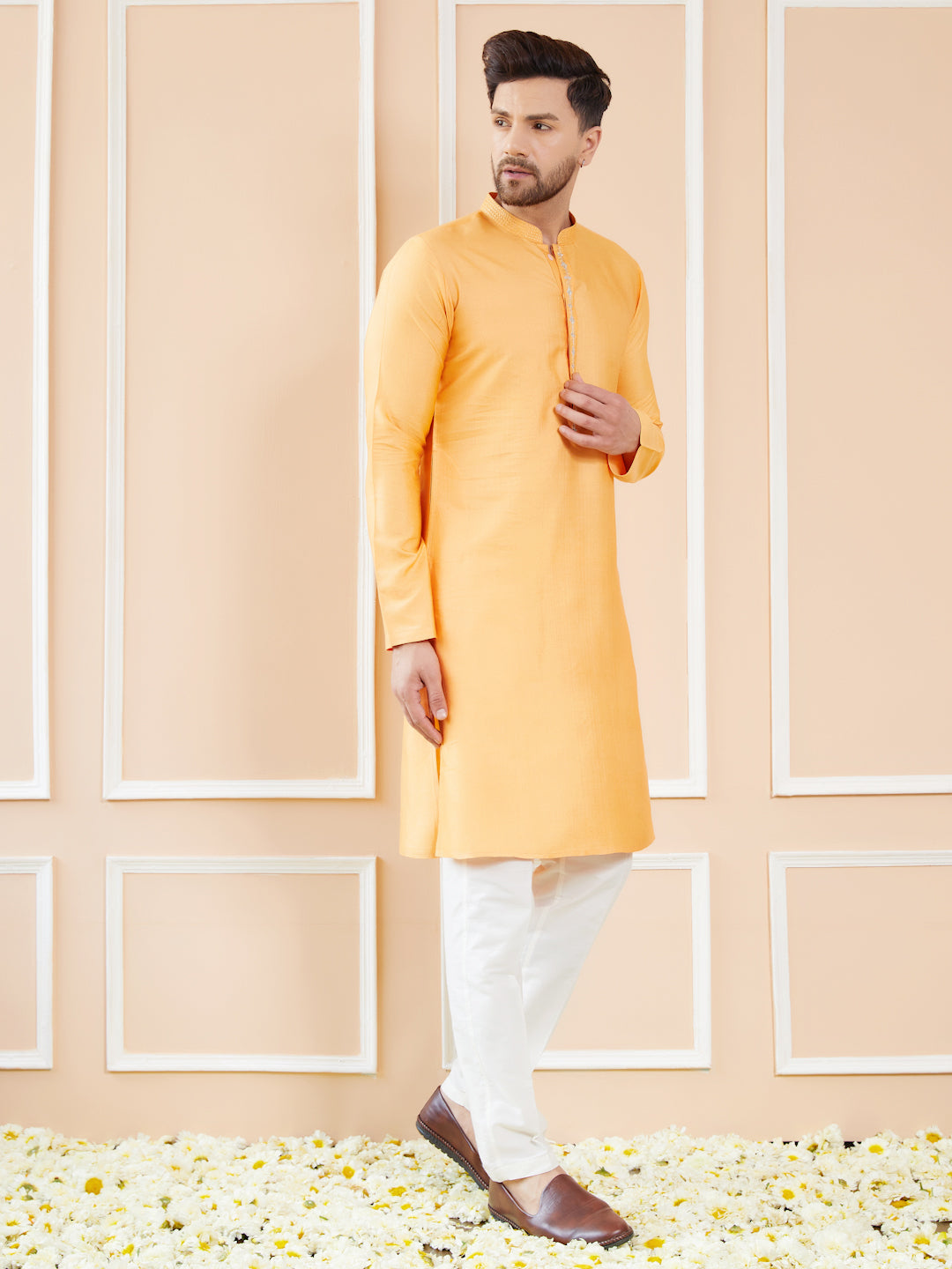 Peach Orange Chanderi Silk Straight Kurta with Embroidered Neckline & Pyjama