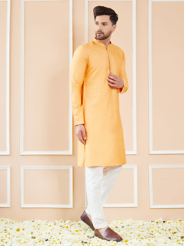 Peach Orange Chanderi Silk Straight Kurta with Embroidered Neckline & Pyjama