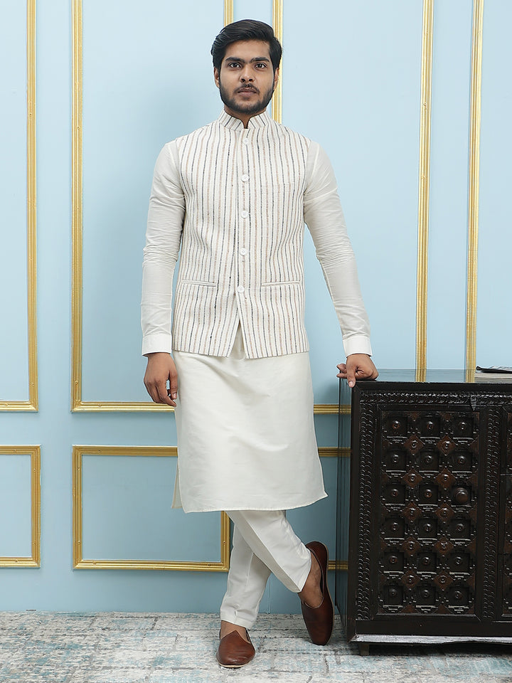 Pure Silk Straight Kurta & Pyjama Set with Handwoven Nehru Jacket