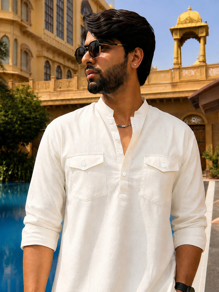 Men's White Rayon Solid Pathani Set