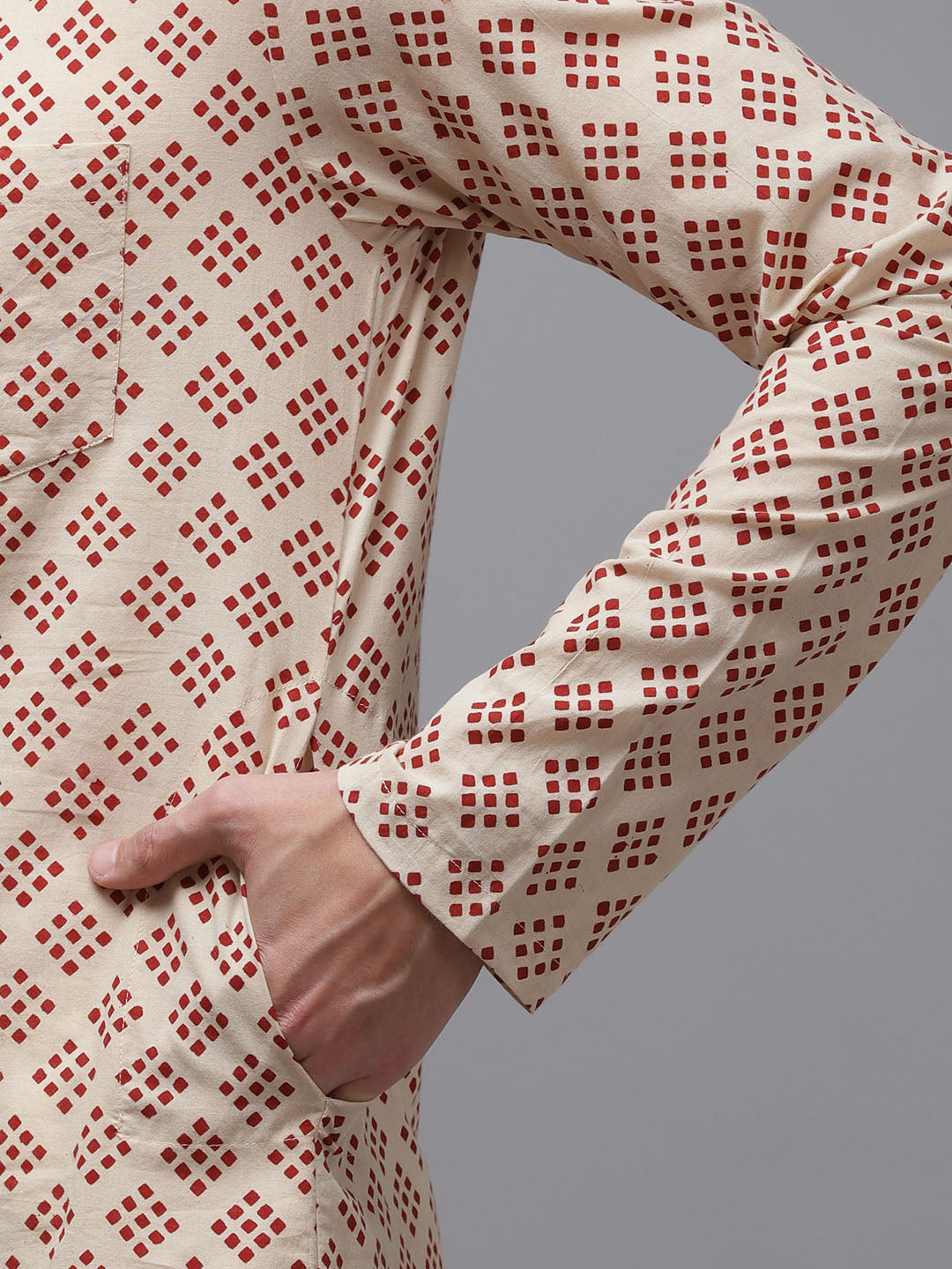 Men Beige And Maroon Hand Block Print Sustainable Straight Kurta