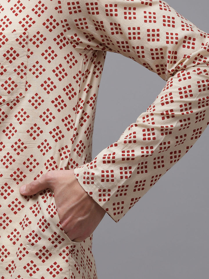 Men Beige And Maroon Hand Block Print Sustainable Straight Kurta