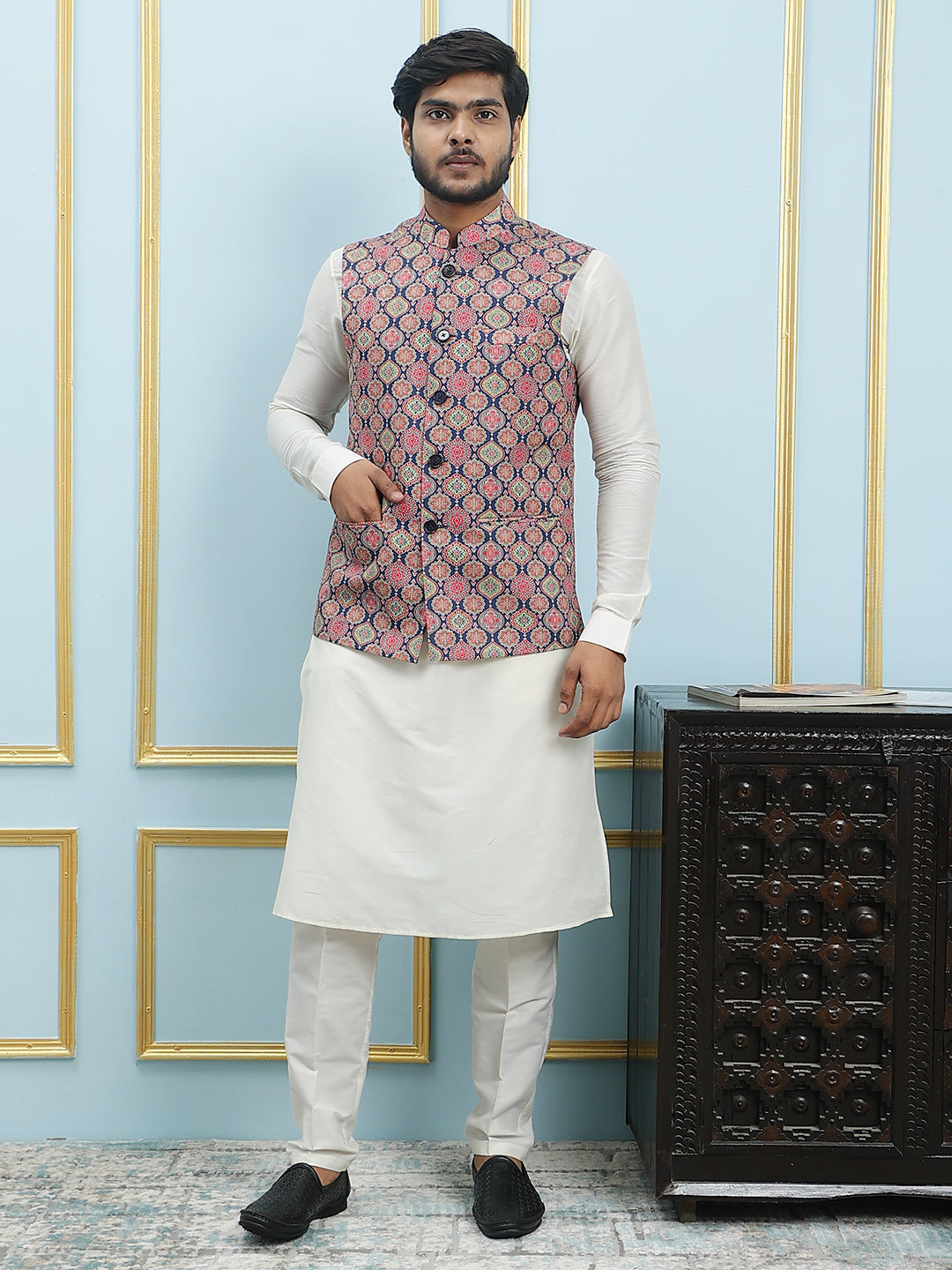 Pure Silk Straight Kurta & Pyjama Set with Printed Cotton Nehru Jacket