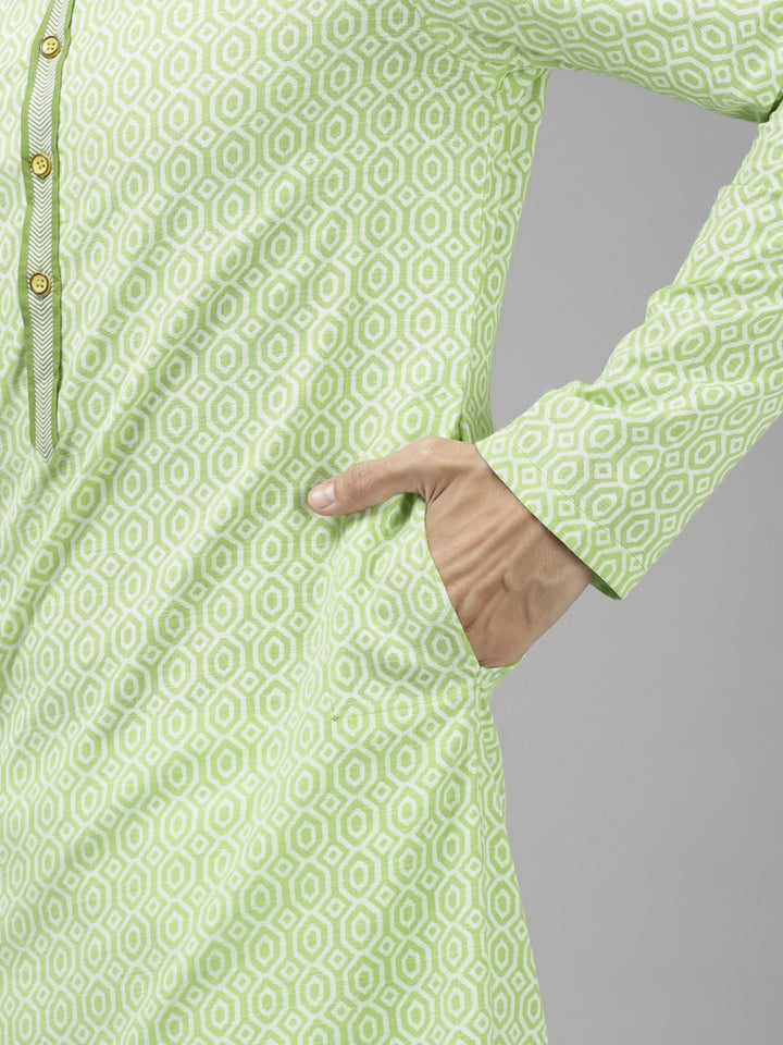 Men Lime Green And White Printed Pure Cotton Straight Kurta