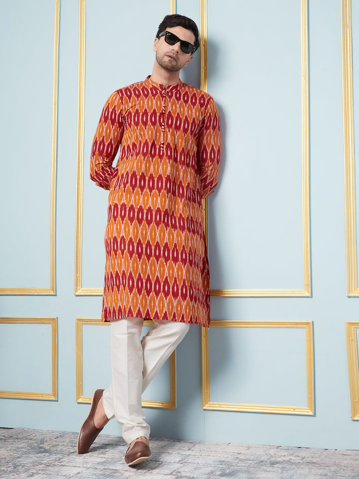 Orange Ikat Printed Kurta With Pyjama
