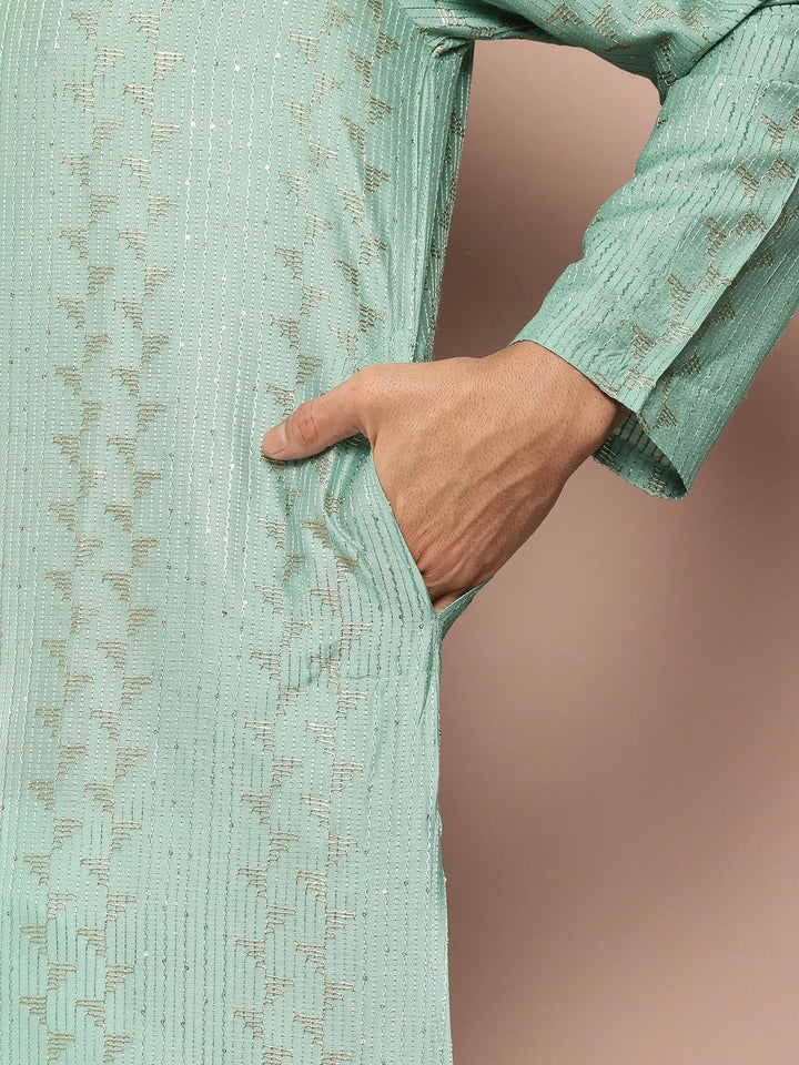 Men’s Ice Green Chanderi Silk Kurta with Embroidery and Sequins, Paired with Pyjama