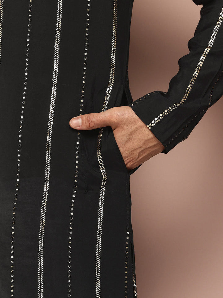 Men's Black Sequined & Embroidered Pure Chanderi Silk Straight Kurta
