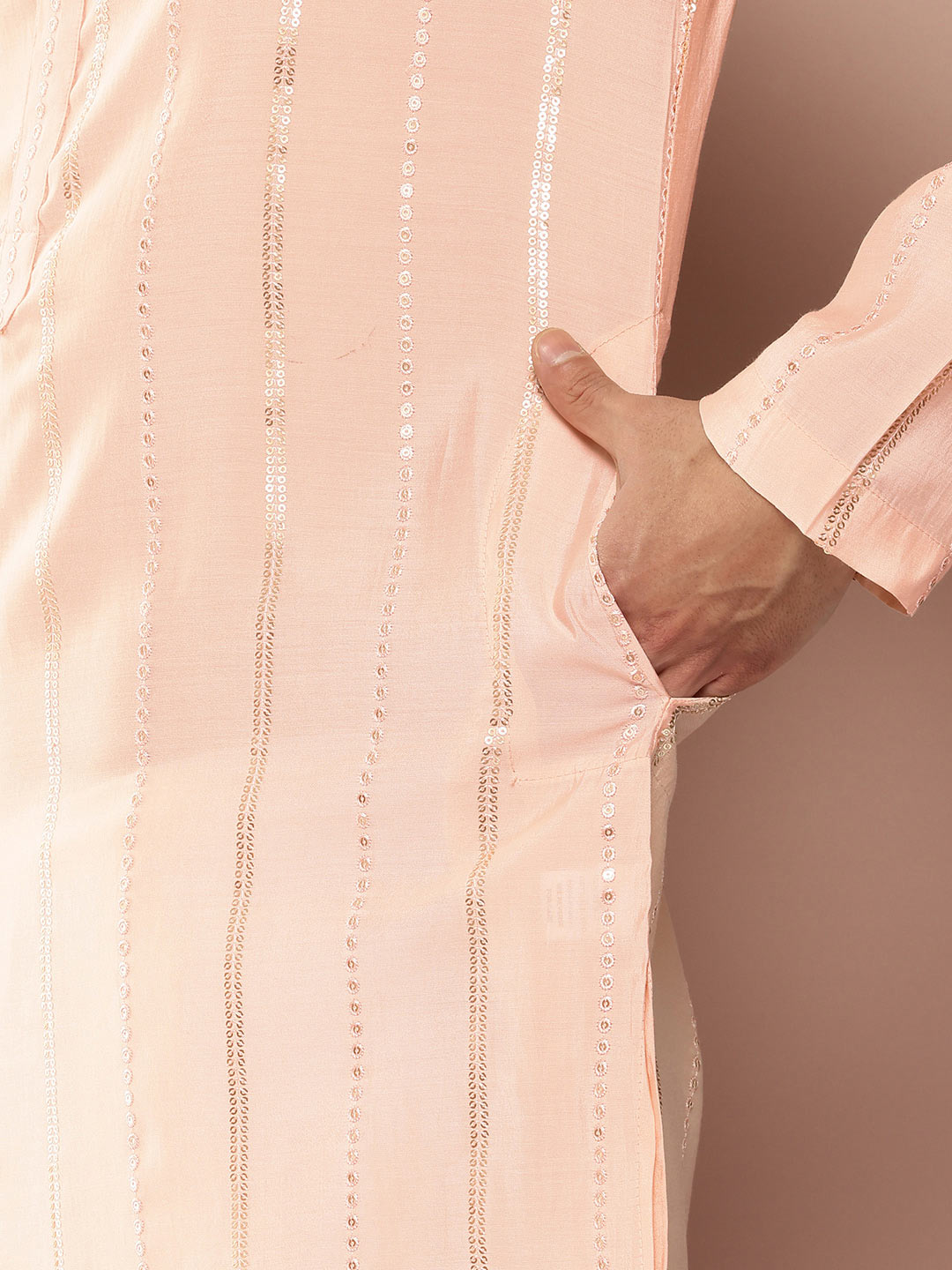 Men’s Light Pink Chanderi Silk Kurta with Embroidery and Sequins, Paired with Pyjama