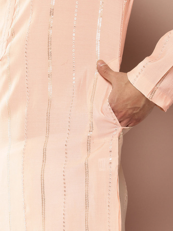 Men’s Light Pink Chanderi Silk Kurta with Embroidery and Sequins, Paired with Pyjama