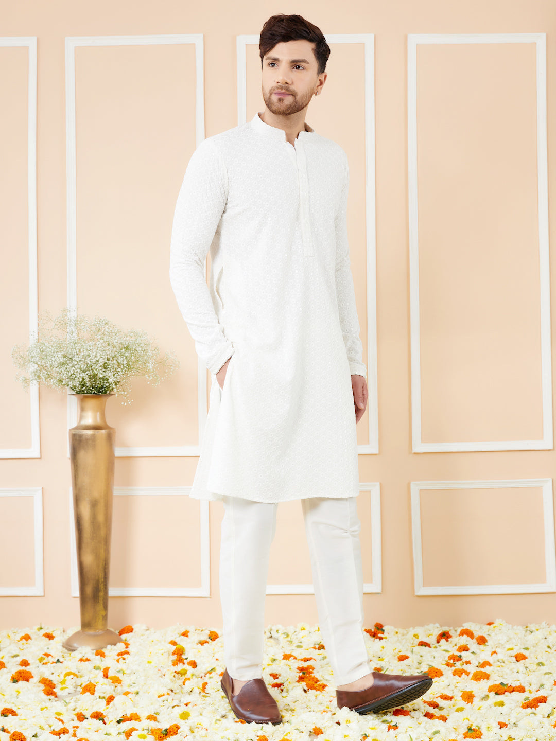 White Sequins Embroidered Rayon Kurta with Pyjama