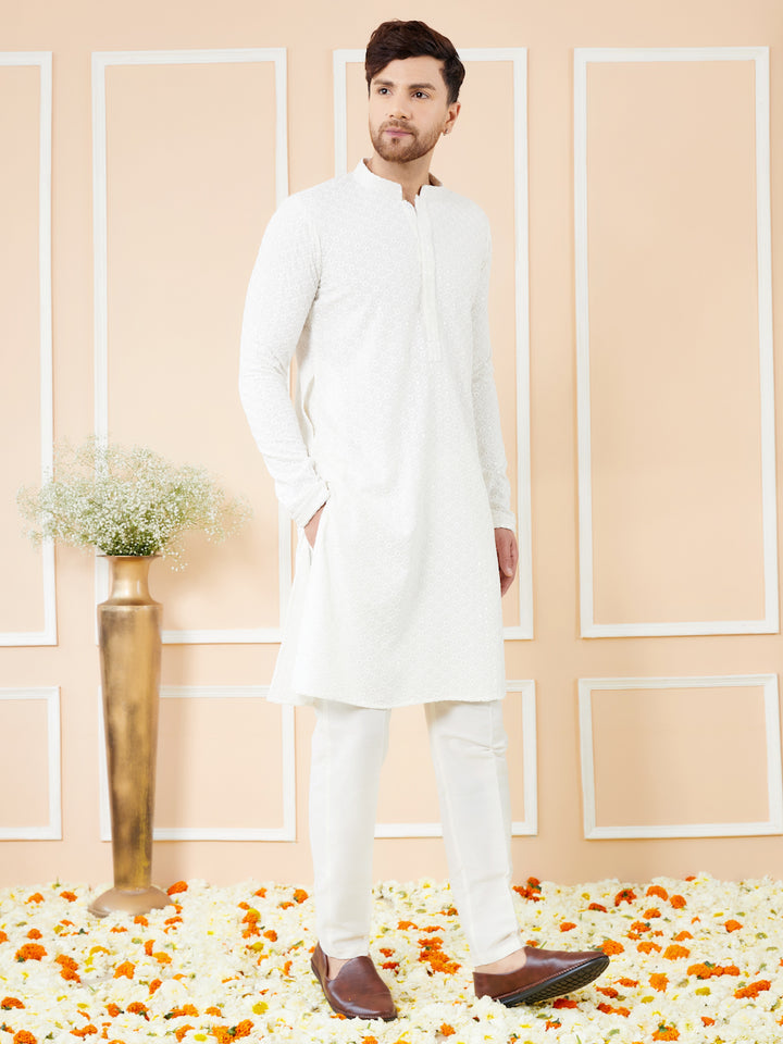 White Sequins Embroidered Rayon Kurta with Pyjama