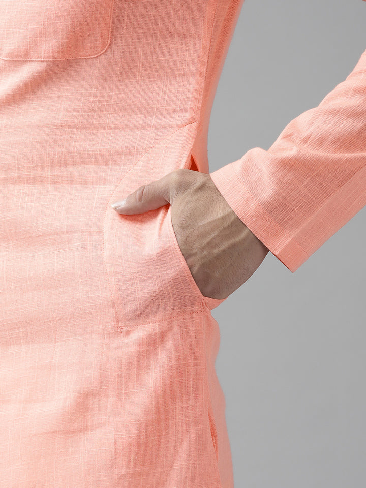 Men Peach Cotton Slub Straight Kurta