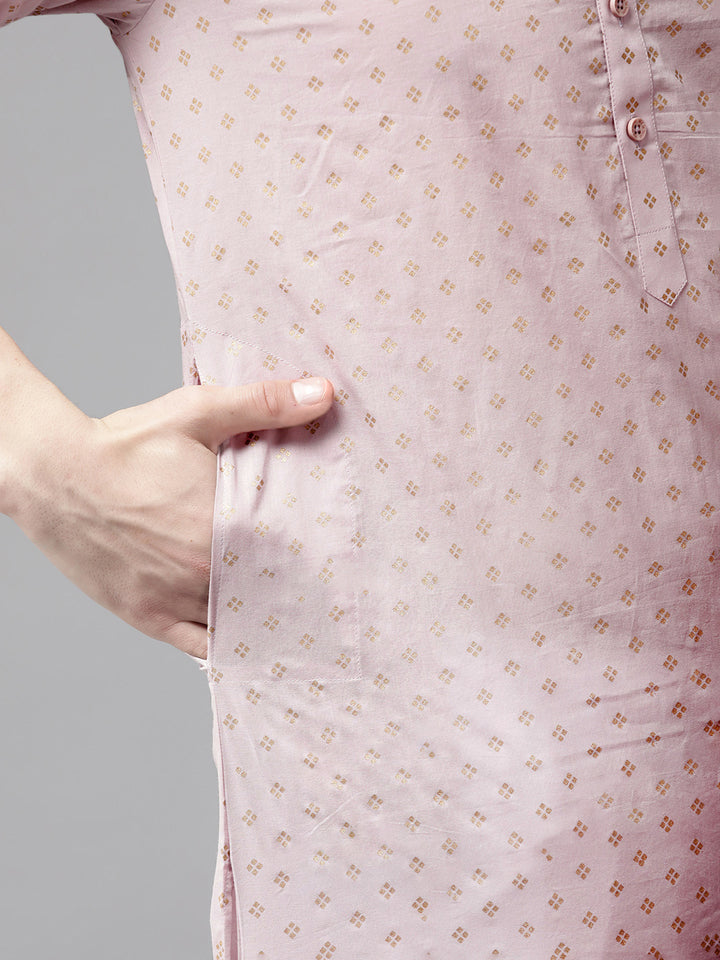 Men Pink and Gold Printed Straight Kurta