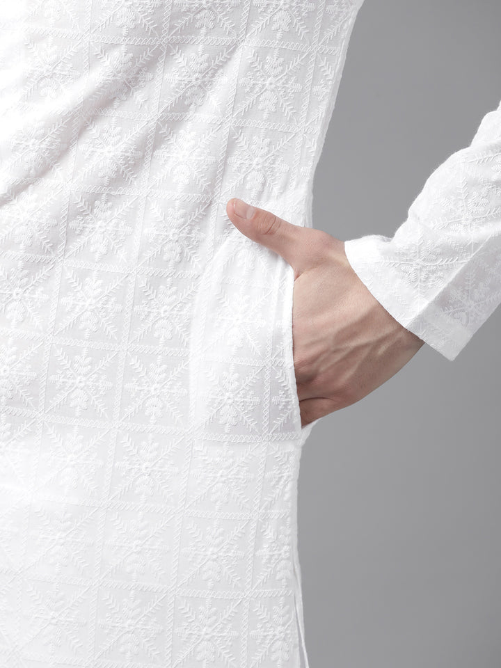 Men White Pure Cotton Chikankari Embroidered Straight Kurta