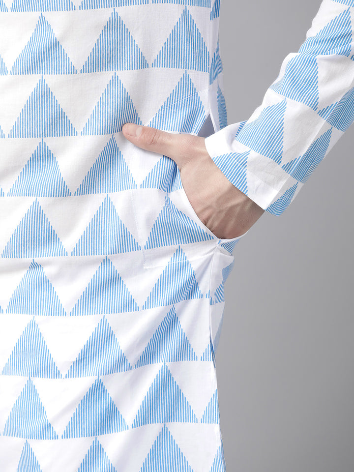 Men White & Blue Stripe Printed Straight Kurta
