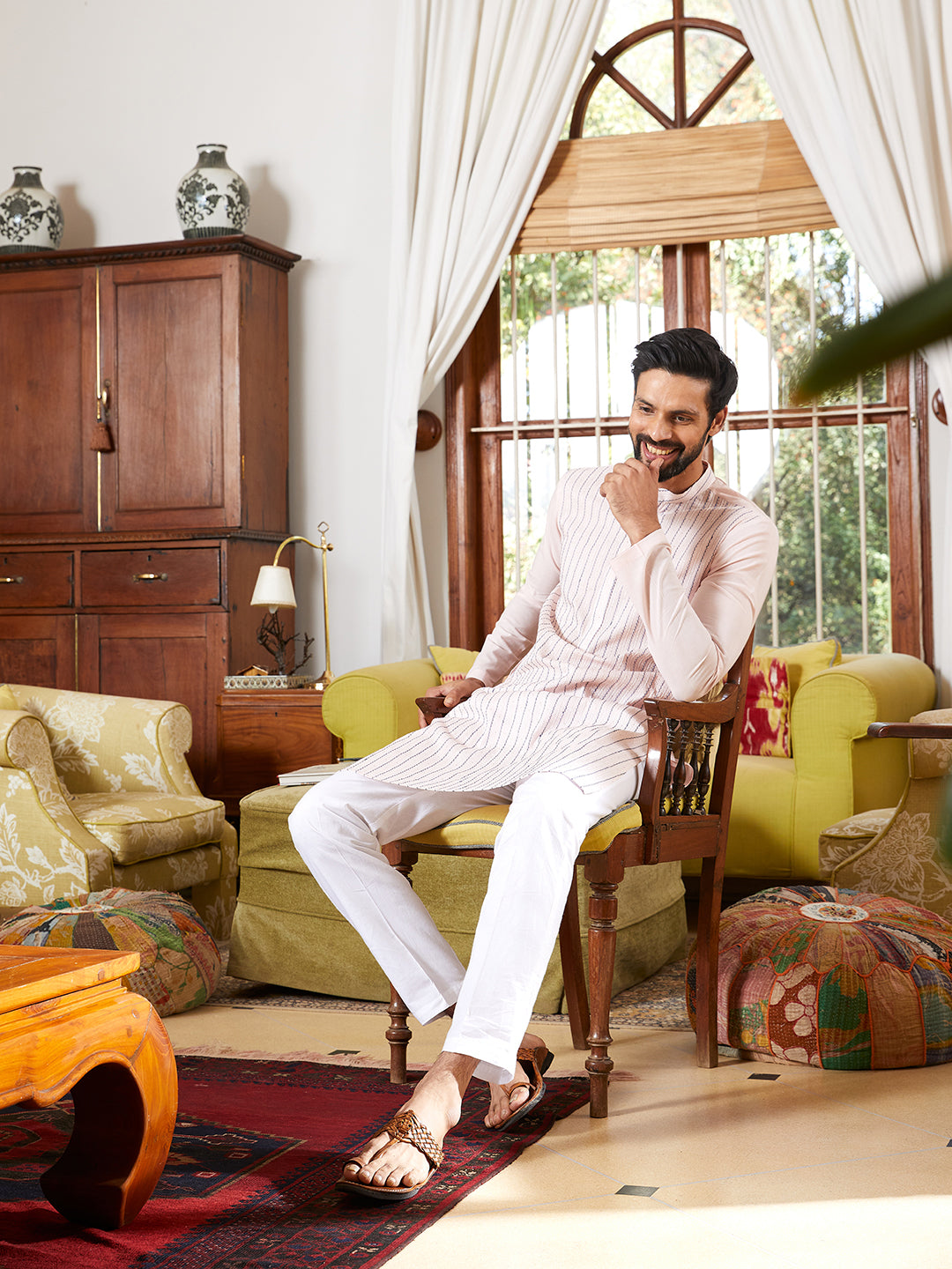 Thread & Sequin Worked Pure Cotton Straight Kurta with Pyjama