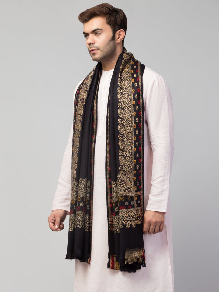 Tweedle Self-Design Jamawar Shawl for Men, Wool Blend, Black – 40x80