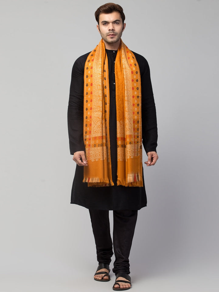 Tweedle Self-Design Jamawar Shawl for Men, Wool Blend, Yellow – 40x80