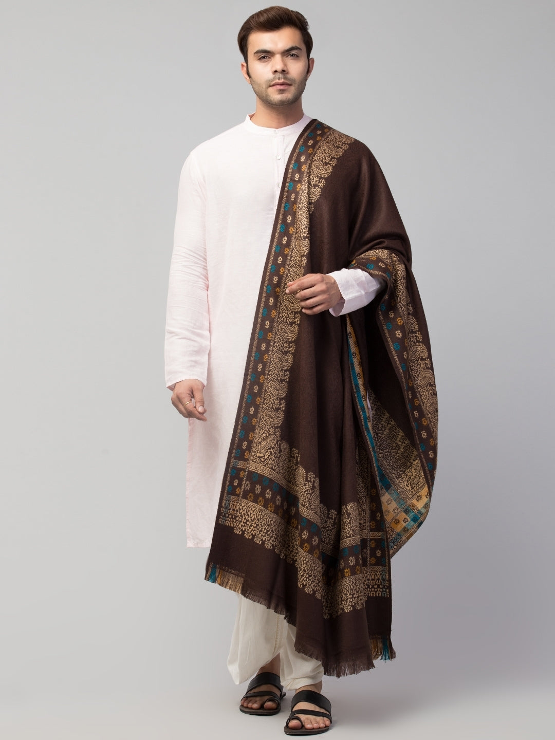 Tweedle Self-Design Jamawar Shawl for Men, Wool Blend, Brown – 40x80