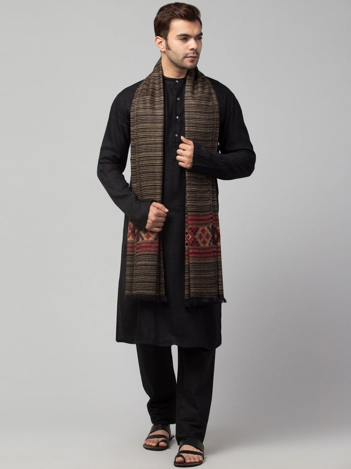 Tweedle Kullu Pattern Wool Blend Shawl for Men | Traditional Himachali Design | Black -  40x80