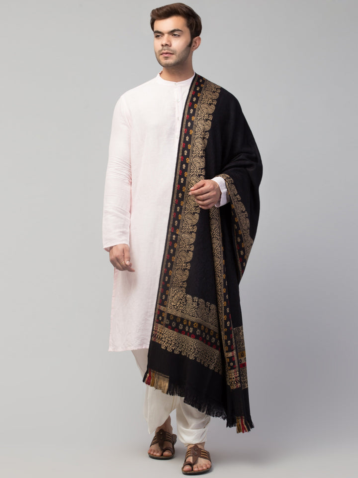 Tweedle Self-Design Jamawar Shawl for Men, Wool Blend, Black – 40x80