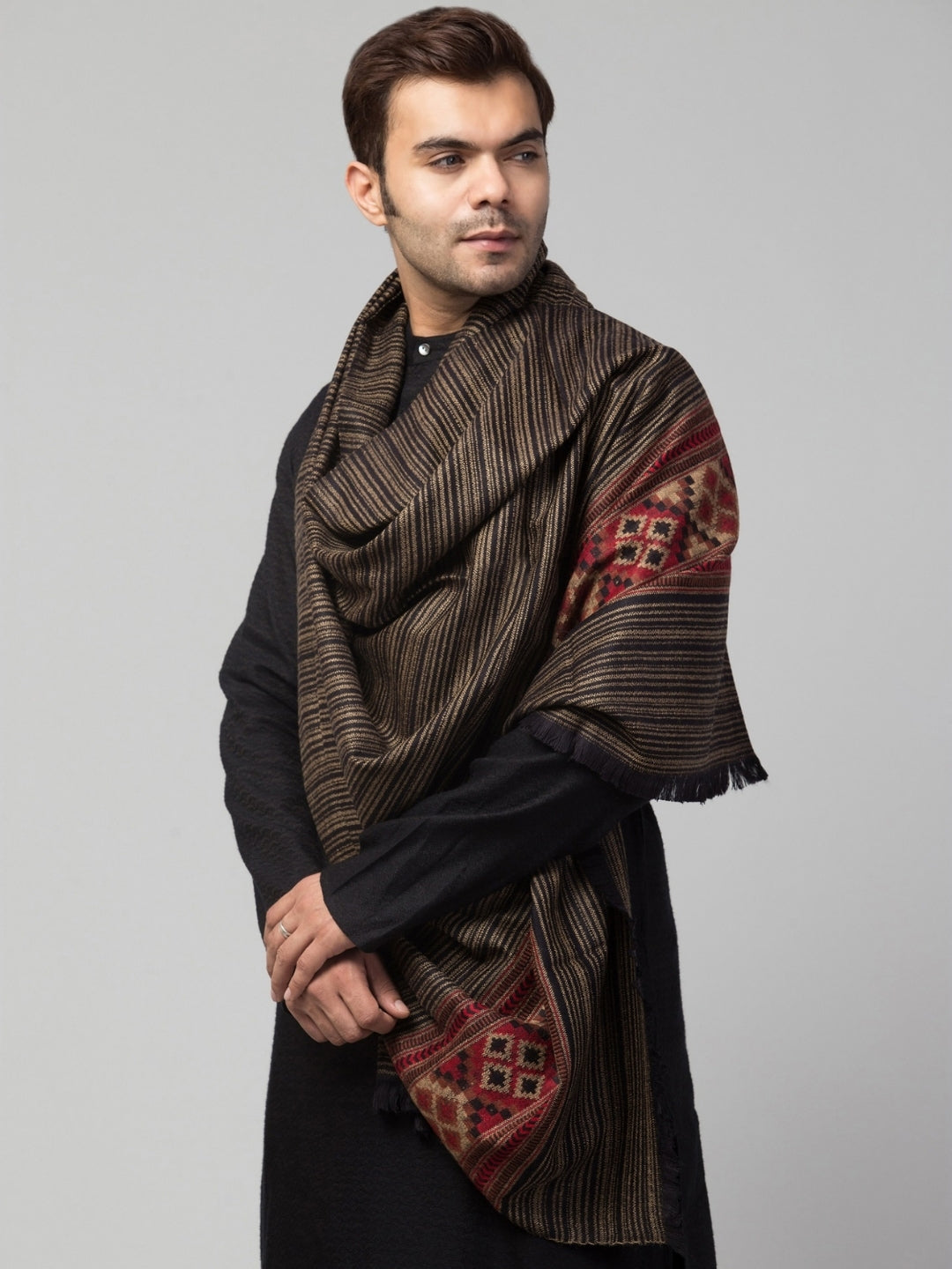 Tweedle Kullu Pattern Wool Blend Shawl for Men | Traditional Himachali Design | Black -  40x80