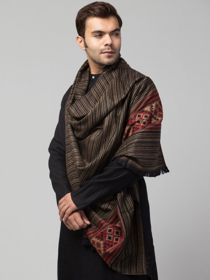 Tweedle Kullu Pattern Wool Blend Shawl for Men | Traditional Himachali Design | Black -  40x80