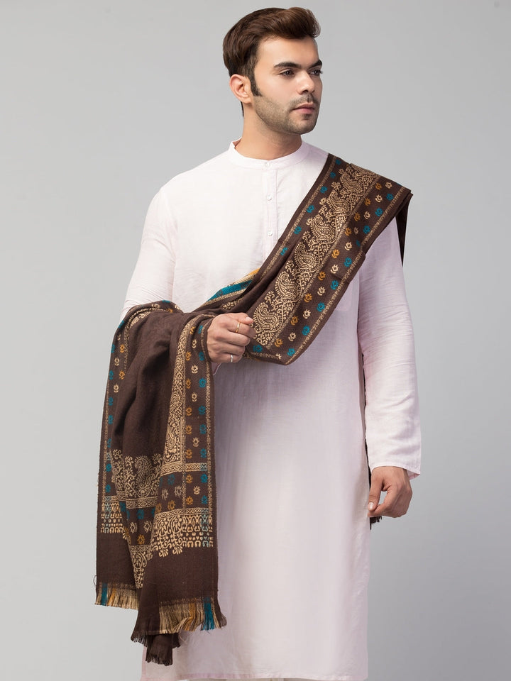 Tweedle Self-Design Jamawar Shawl for Men, Wool Blend, Brown – 40x80