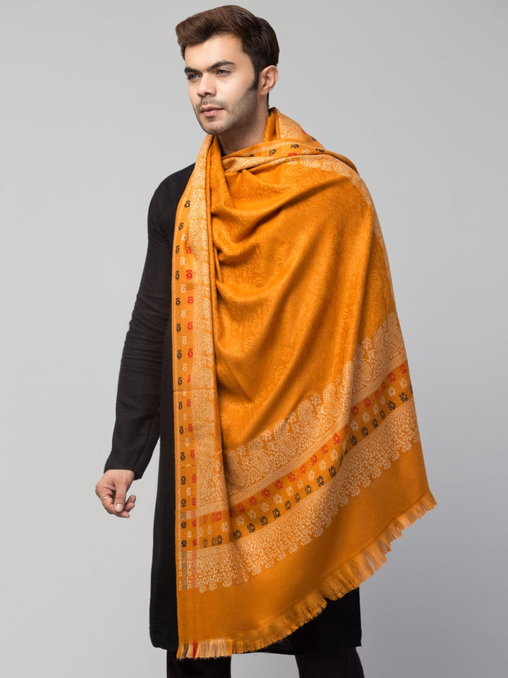 Tweedle Self-Design Jamawar Shawl for Men, Wool Blend, Yellow – 40x80